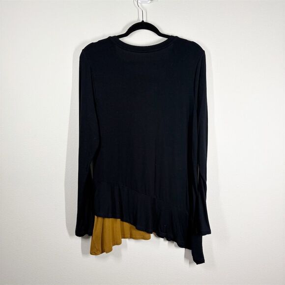 LOGO Lori Goldstein Asymmetric Stretch Jersey Long Sleeve Top Size L Black‎ Gold - Picture 6 of 10